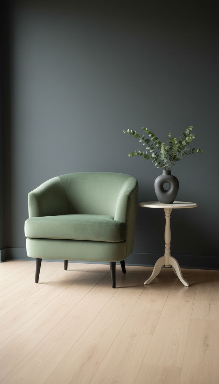A serene meeting area with a beautifully crafted sage green velvet armchair placed beside a slender round ivory side table, which holds a charcoal ceramic vase displaying minimalist greenery. The arrangement sits atop a flawless, pale wood floor against a backdrop of smooth charcoal painted walls, creating a harmonious contrast. Soft natural light pours in from a large, unseen window, producing gentle highlights and refined shadows that enhance the textures of fabric and ceramics. Photographed at a slight angle for depth, the space feels approachable yet ordered, communicating calm professionalism with a clean and structured photographic style tailored for adult ADHD coaching.
