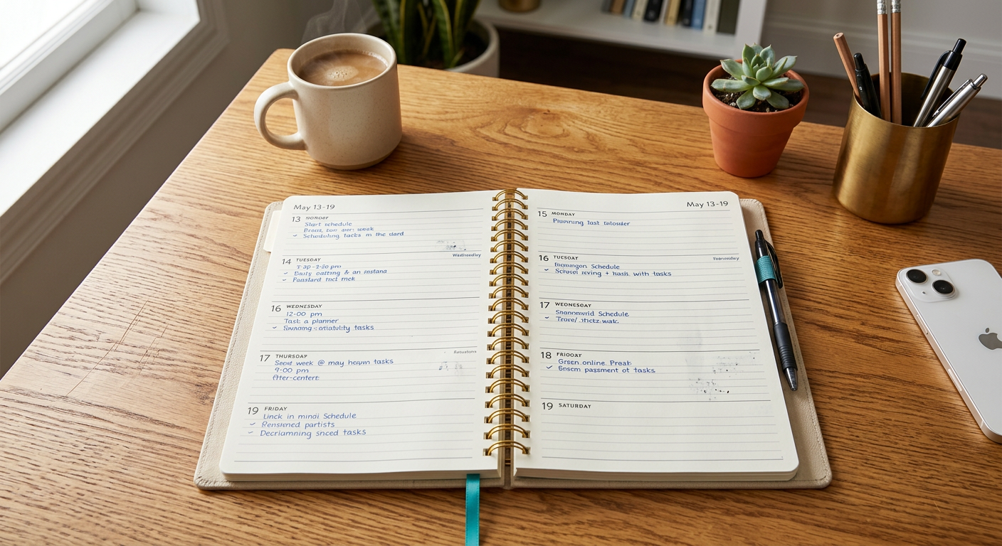 Open weekly planner with handwritten notes on a wooden desk with coffee cup, pen, potted plant, and smartphone